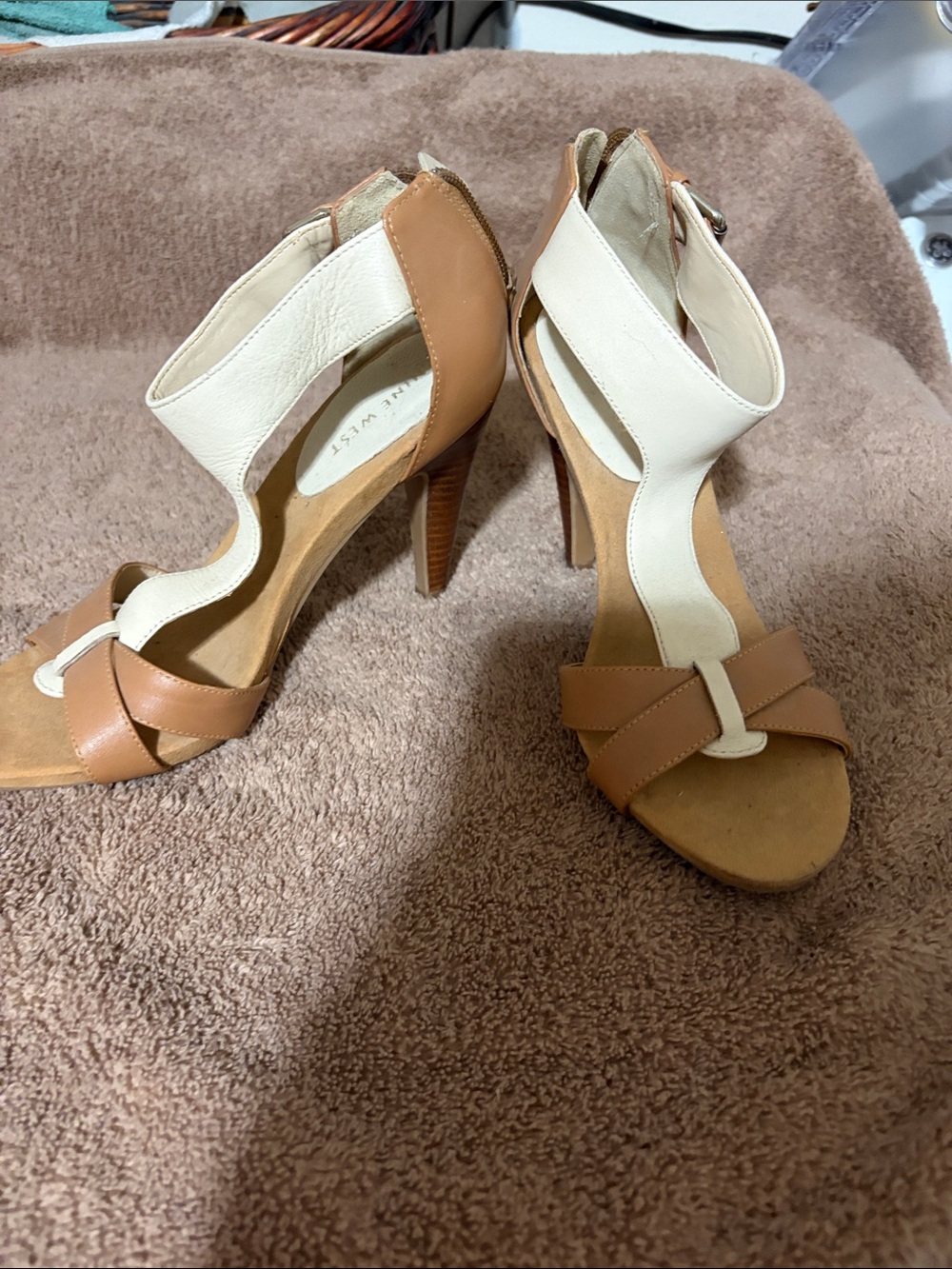 Nine West Tan and Cream Strappy High Heel Sandals